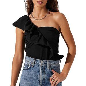 NWT ASTR One Shoulder Asymmetrical Bodysuit Ruffle Black Size L